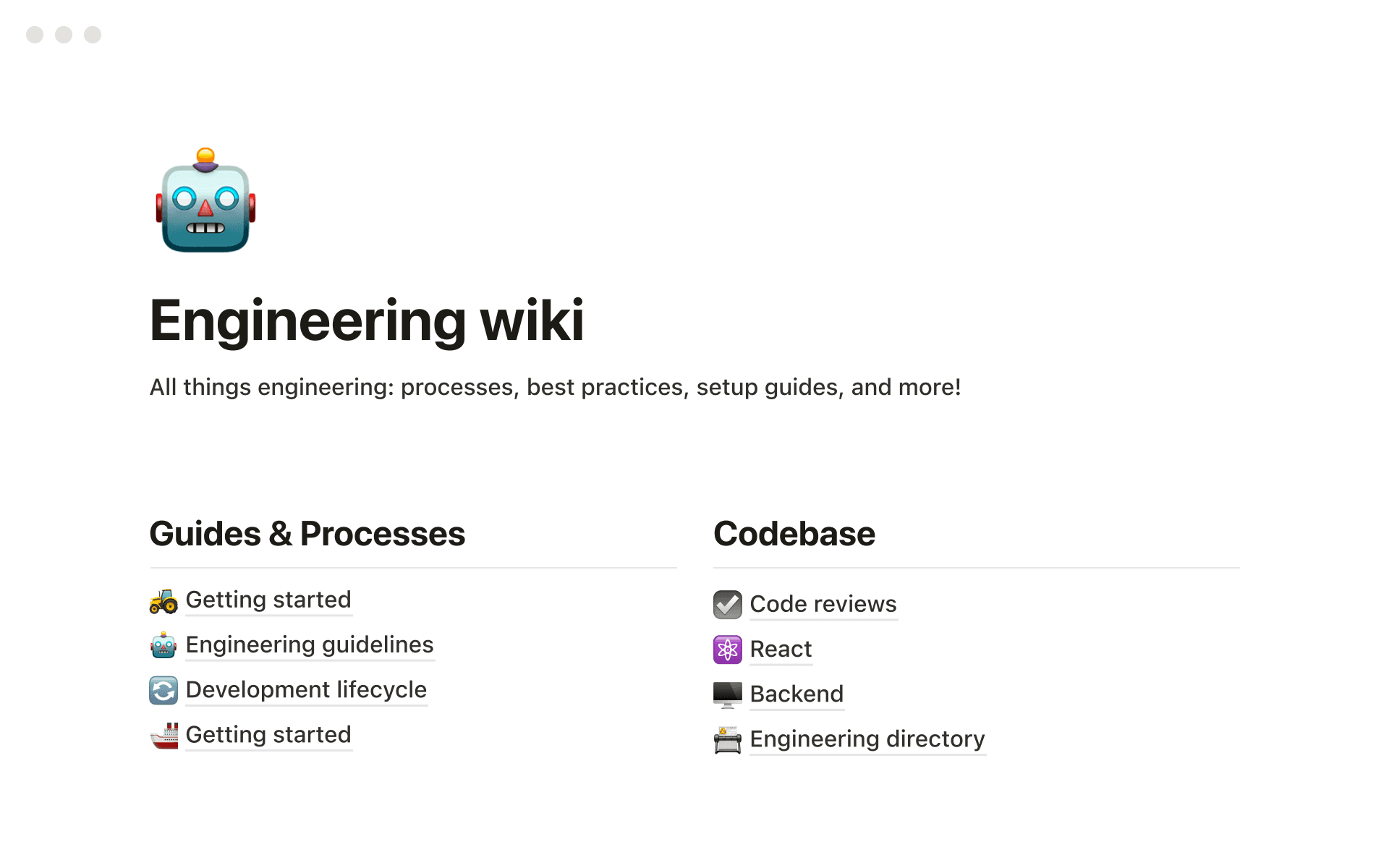 Captura de tela de um espaço de trabalho do Notion mostrando um wiki de engenharia